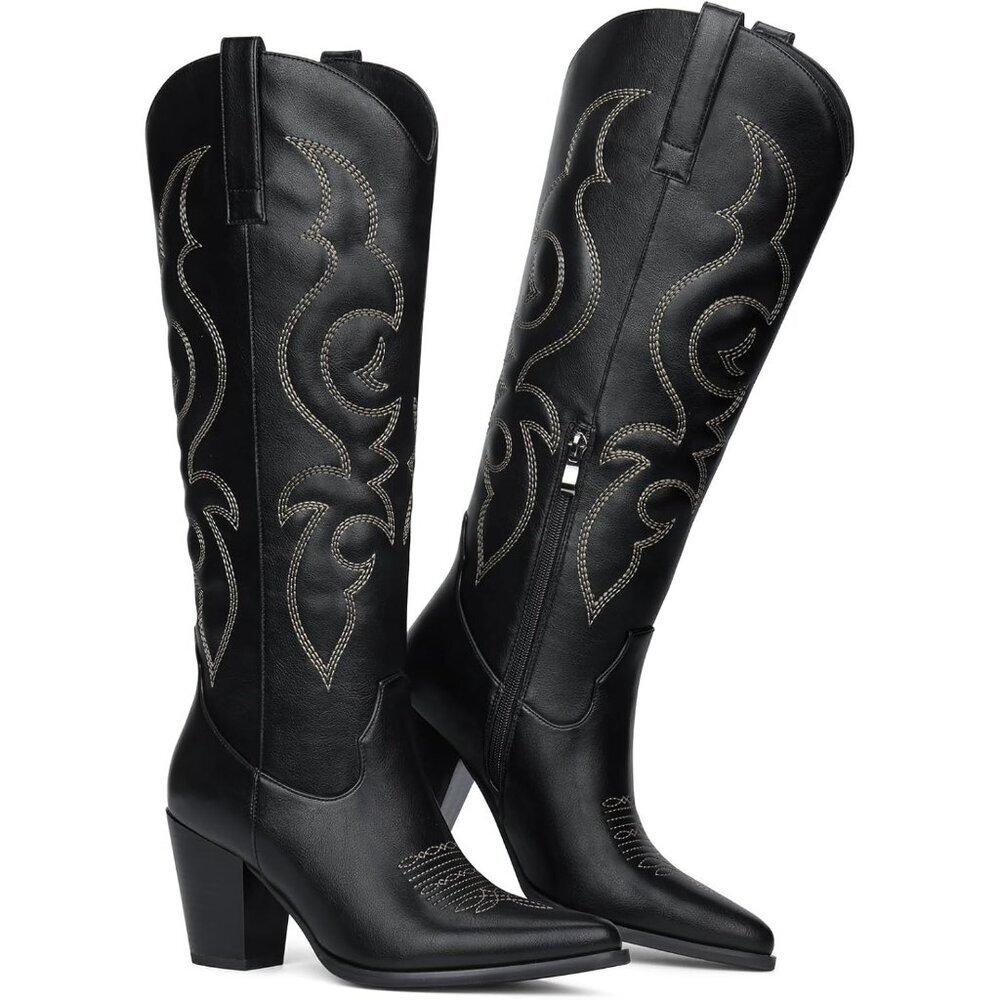 Women's Black Western Knee High Side Zipper Pointed Toe Block Heel Boots - Picture 4 of 6